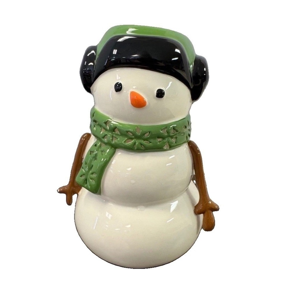 Bath & Body Works Ceramic Snowman Candle Holder Green Scarf Earmuf Holiday Decor